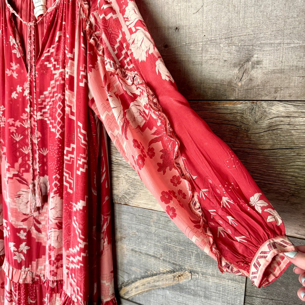 Chufy Paracas Caftan Dress S Red Pink Floral Tiered Maxi Boho Resort Luxury Vaca - Picture 8 of 15